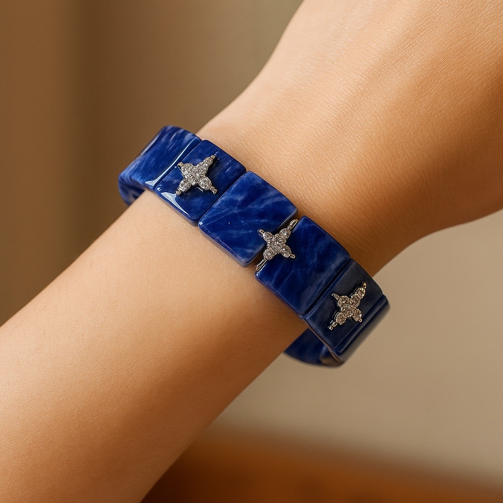 Deep Blue Sodalite Bracelet with Crystal Cross Charms Elegant Natural Stone - Picture 3 of 7